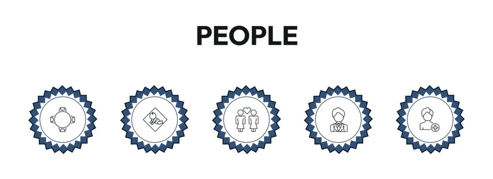 people outline icon set. round table, baby zone, lesbian couple, pacient and more. linear vector collection. editable stroke
