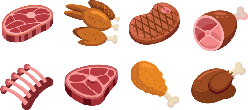Raw meat and poultry vector icon set featuring beef steak ribs ham and chicken legs icon elements