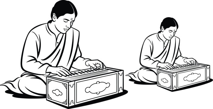 Indian santoor players, traditional musical instrument, vector illustration, black and white