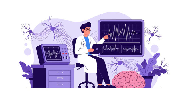 Doctor analyzing brain waves on monitor, neuroscience research, medical technology