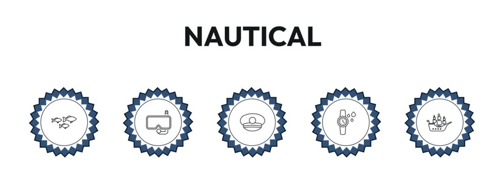 nautical outline icon set. whale, suroard, captain hat, trireme and more. linear vector collection. editable stroke