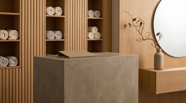 Urban beauty spa reception with fluted wood and microcement desk