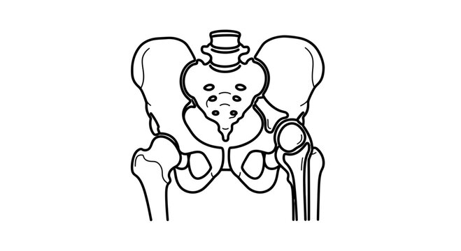 Anatomical illustration of the human pelvis and hip joints, skeletal structure