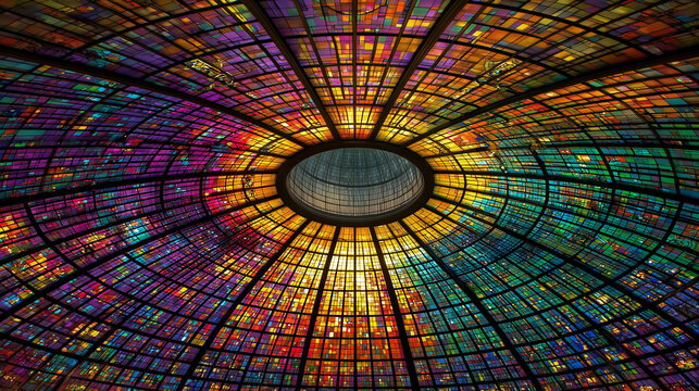 A view of a colorful stained glass dome with a circular opening at the apex of the structure
