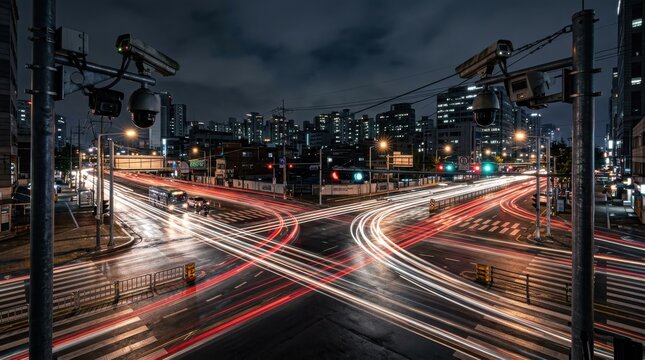 Security camera monitoring busy night city traffic intersection. Surveillance system recording street vehicles with light trails. Urban infrastructure safety and smart city technology.