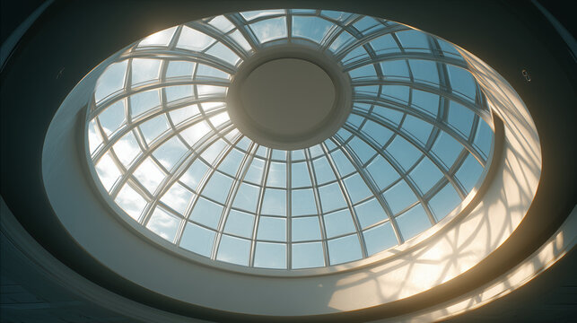 A low angle shot of a glass dome ceiling with a grid pattern and a view of the sky above it