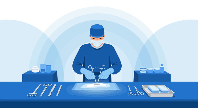 Surgeon Performing Operation with Surgical Instruments, Medical Equipment, and Sterile Field