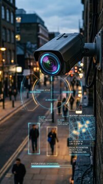 Security camera with AI analytics tracking crowd on city street. Digital surveillance system monitoring pedestrians with facial recognition and heatmap data for urban safety control.