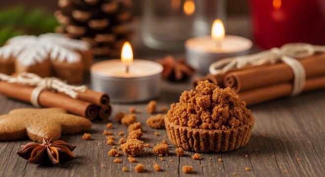Warm gingerbread cookie crumb topping on a rustic wooden table with flickering candles and cinnamon sticks