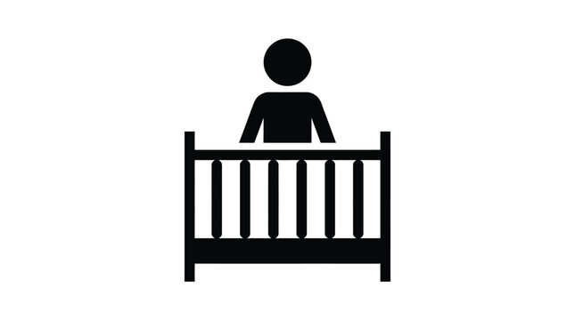 Minimalist black vector illustration showing a small human child standing inside a wooden baby crib