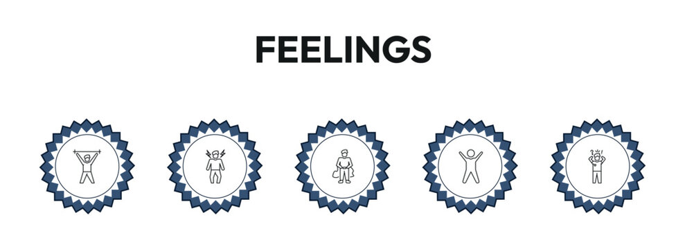 feelings outline icon set. pumped human, ecstatic human, super human, anxious and more. linear vector collection. editable stroke