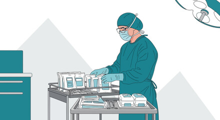 Fototapeta premium Surgeon Prepares Surgical Instruments in Operating Room, Healthcare, Medical Procedure