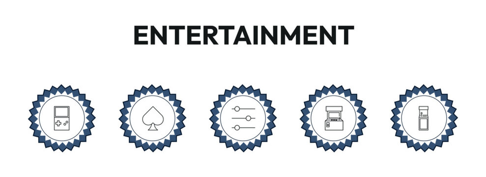 entertainment outline icon set. handheld game, ace of spades, controls, arcade game and more. linear vector collection. editable stroke