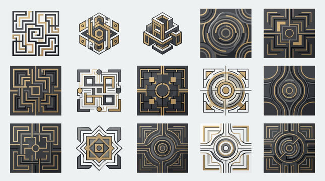 A premium collection of 15 abstract square geometric patterns featuring labyrinth mazes, line work, luxury gold accents, and complex linear structures ideal for backgrounds, tiles, and textile print 