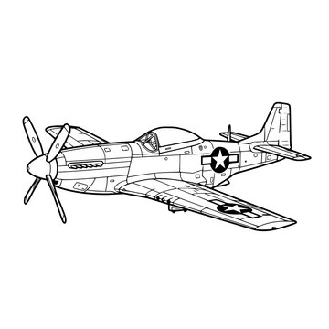 WWII American P-51 Mustang Fighter Aircraft Perspective View Vector Line Art
