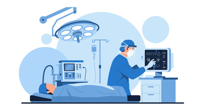 Surgeon Monitors Patient Vitals During Surgery with Anesthesia Machine and IV Drip
