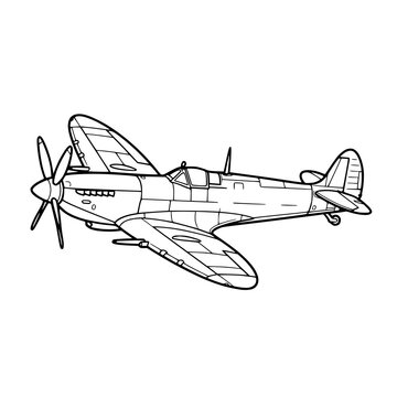 WWII British Spitfire Fighter Aircraft Perspective View Vector Line Art
