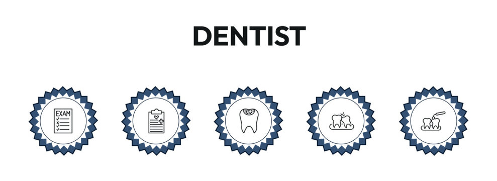 dentist outline icon set. examination, health report, holed tooth, interproximal and more. linear vector collection. editable stroke