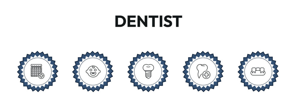 dentist outline icon set. medical appointment, baby dental, implant, partial denture and more. linear vector collection. editable stroke