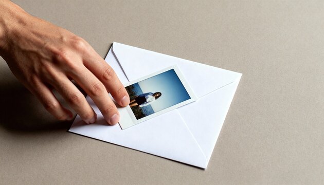 Hand placing an instant photograph on a white envelope. Travel memories and nostalgia concept. Minimalist composition on neutral background with copy space for text