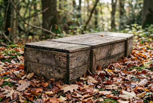 Rustic wooden coffin on a forest floor covered in autumn leaves. Weathered wood crate in a woodland setting. Eco-friendly natural burial concept