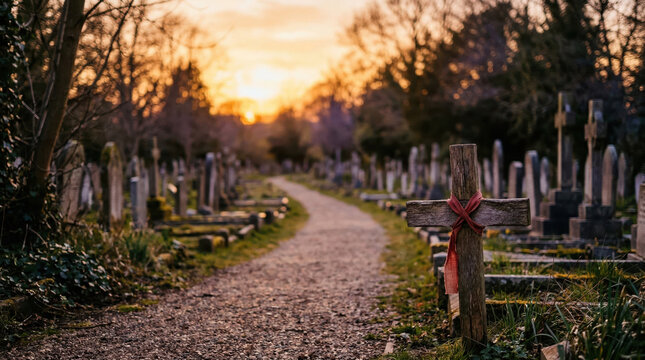 Wooden cross with red ribbon in a cemetery at sunset. Gravel path through a graveyard during golden hour. Memorial and remembrance concept