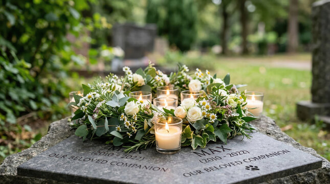 Pet memorial stone for Max with floral wreath and lit candles. Grave marker for a beloved companion in a garden. Pet loss and remembrance concept