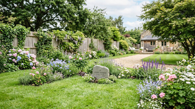Memorial stone in a lush backyard garden. In loving memory pet tribute with flowers and gravel path. Stone cottage in a landscaped garden background