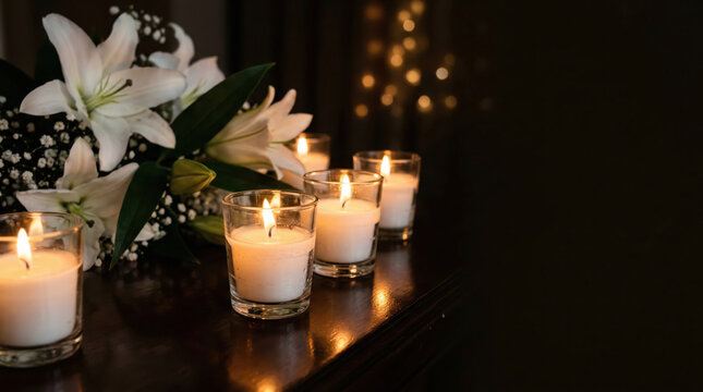 White lilies and burning candles on a dark wooden table. Memorial service background with funeral flowers and candlelight. Remembrance and mourning concept. Copy space for text