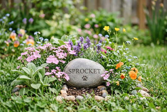 Pet memorial stone with paw print in a flower garden. Engraved rock for Sprocket in a backyard tribute. Remembrance marker for a cat or dog