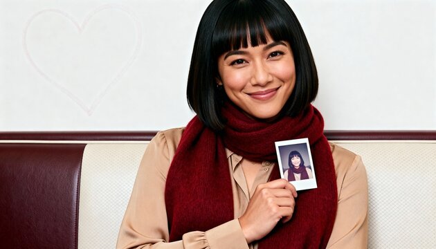 Smiling Asian woman holding an instant photo of herself. Young female with bob haircut and burgundy scarf sitting in a cafe booth. Nostalgia and personal memory concept