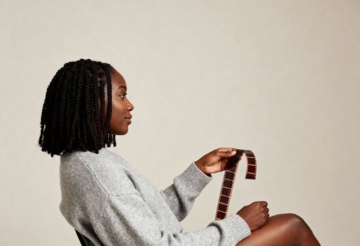 Profile of a young Black woman with braids holding a 35mm film negative. Female photographer examining analog film strip in a studio. Creative hobby and nostalgia concept