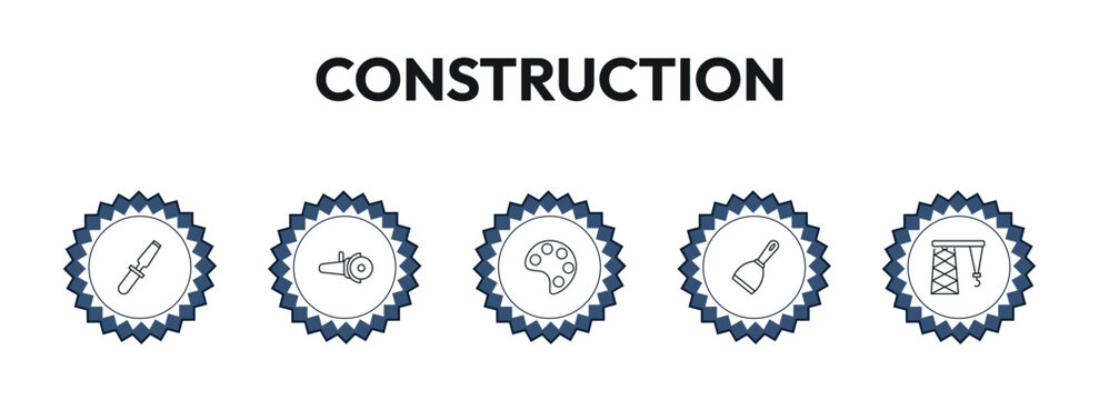 construction outline icon set. chisel, angle grinder, pallete, derrick facing right and more. linear vector collection. editable stroke