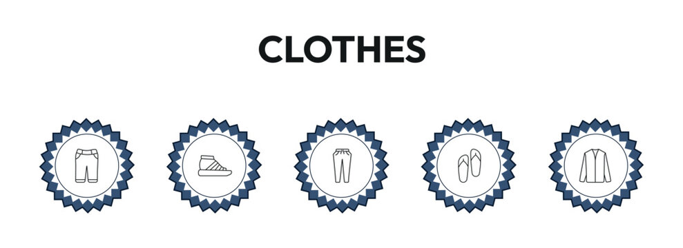 clothes outline icon set. chino shorts, gladiator sandal, pegged pants, nylon jacket and more. linear vector collection. editable stroke