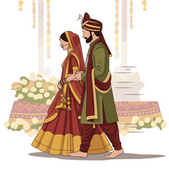 Obraz premium Indian Wedding Couple Walking Together Traditionally