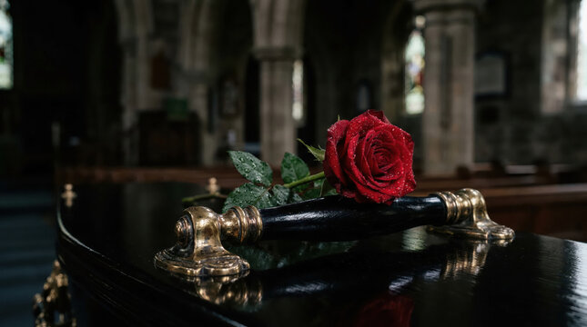 Single red rose with water droplets on a dark wooden casket handle. Funeral service in a church. Concept of mourning and remembrance