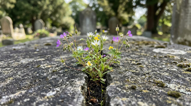 Wildflowers growing from a crack in a weathered stone tombstone. Life and nature in a cemetery. Resilience and remembrance concept