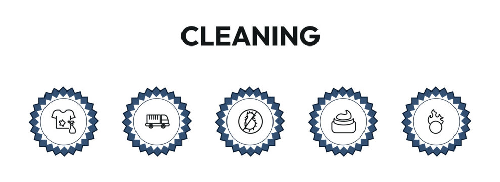 cleaning outline icon set. stain remover, garbage truck cleanin, virus cleanin, oxidizing agent and more. linear vector collection. editable stroke