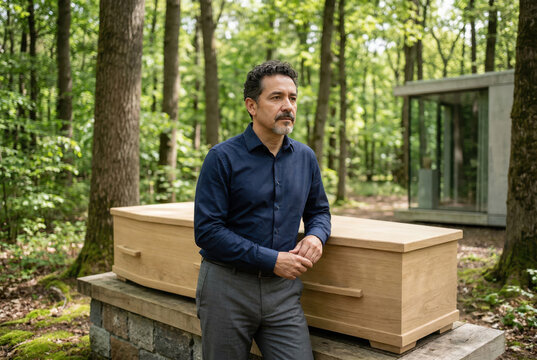 Middle aged man standing by a wooden coffin in a forest cemetery. Natural burial and eco-friendly funeral concept. Somber man mourning next to a simple wooden casket in the woods