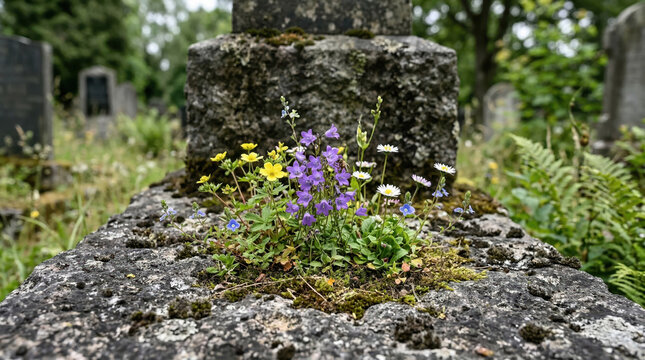 Wildflowers growing on an old stone headstone in a cemetery. Colorful purple and yellow flowers on a weathered grave marker. Memorial and remembrance concept