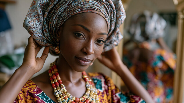 Young Yoruba woman styling elaborate gele headwrap before entering formal Lagos cultural gala, intricate brocade fabric pinned and folded with ancestral precision, full-length mirror reflecting bead