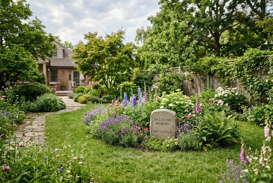 Memorial stone in a lush backyard garden. Engraved headstone with in loving memory text. Pet remembrance site with flowers and stone path. Private garden sanctuary for mourning and loss