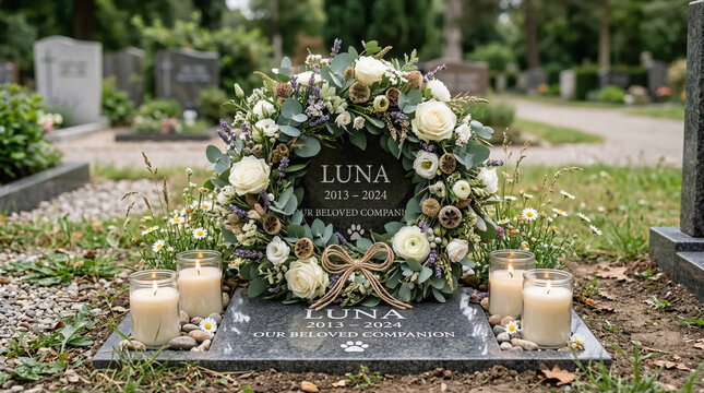 Pet memorial for a cat named Luna with a granite headstone and floral wreath. Lit candles and flowers at a feline grave site. Remembrance and mourning for a beloved companion