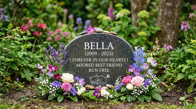 Pet memorial stone for a cat in a garden. Engraved headstone for Bella with colorful flowers in a backyard. Cat loss and remembrance concept