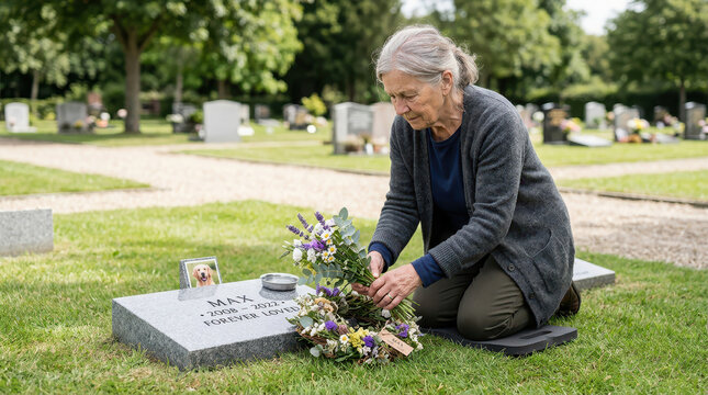 Senior woman kneeling at a pet grave in a cemetery. Elderly lady placing flowers and a wreath on a dog's headstone. Memorial for a beloved golden retriever