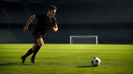 Naklejka premium Soccer Player in Black Running Toward Ball on Empty Stadium Pitch