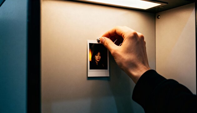 Hand pinning an instant photo to a wall. Close up of person attaching a portrait of a woman with a thumbtack. Nostalgia and memory concept. Warm lighting on instant film photograph