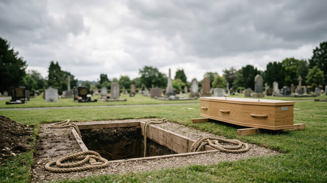 Wooden coffin next to an open grave in a cemetery. Funeral burial preparation with casket and ropes. Final resting place in a graveyard under a cloudy sky