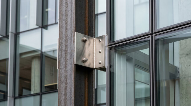 Close up of a structural steel beam connection on a modern glass facade. Industrial engineering detail of a building exterior. Architectural construction and metal hardware