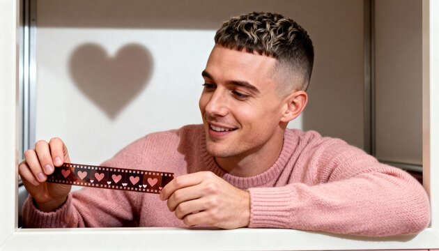 Smiling young man looking at film strip with heart shapes. Happy male in pink sweater holding romantic negatives. Heart shadow on wall. Love and nostalgia concept
